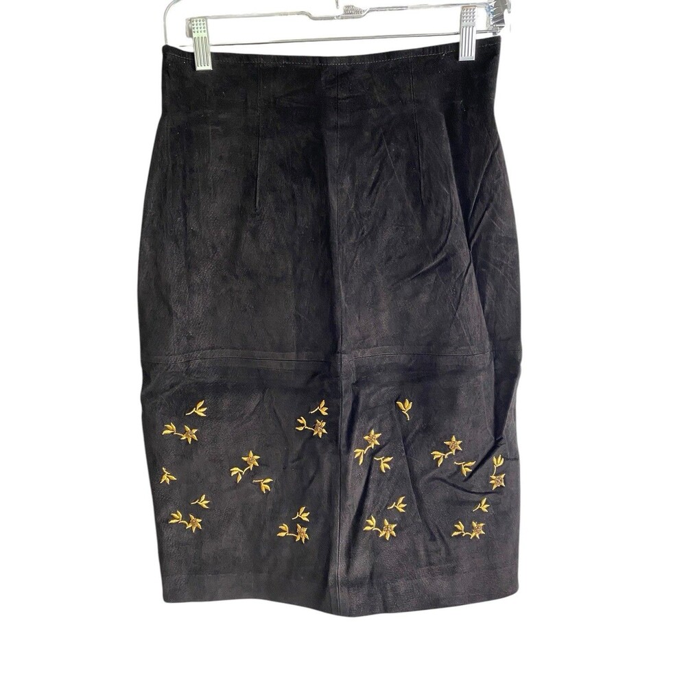 Vintage Pia Rucci Suede Leather Skirt Women's Size 10 Black Embroidered Beaded